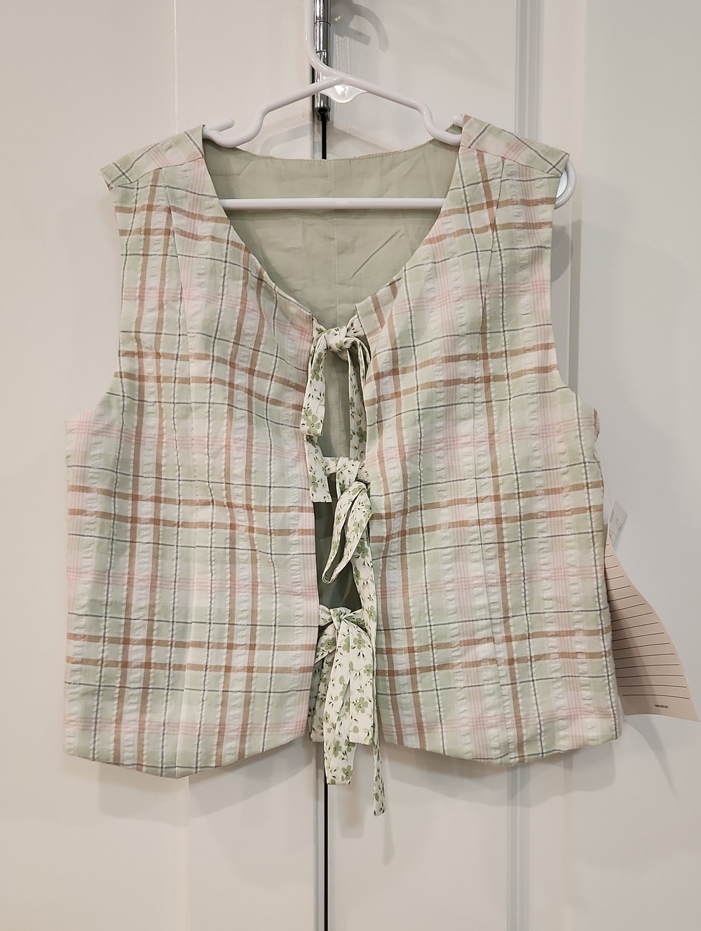 NWT Zara Pastel Green Plaid Sleeveless Tie-Front Top Sample